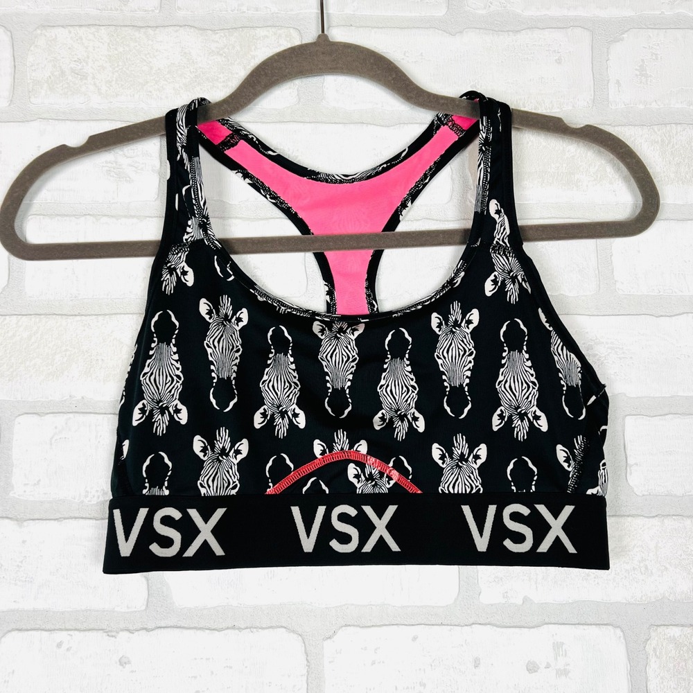 VSX Victoria's Secret Zebra Print Racerback Sports Bra Black Pink Logo Band